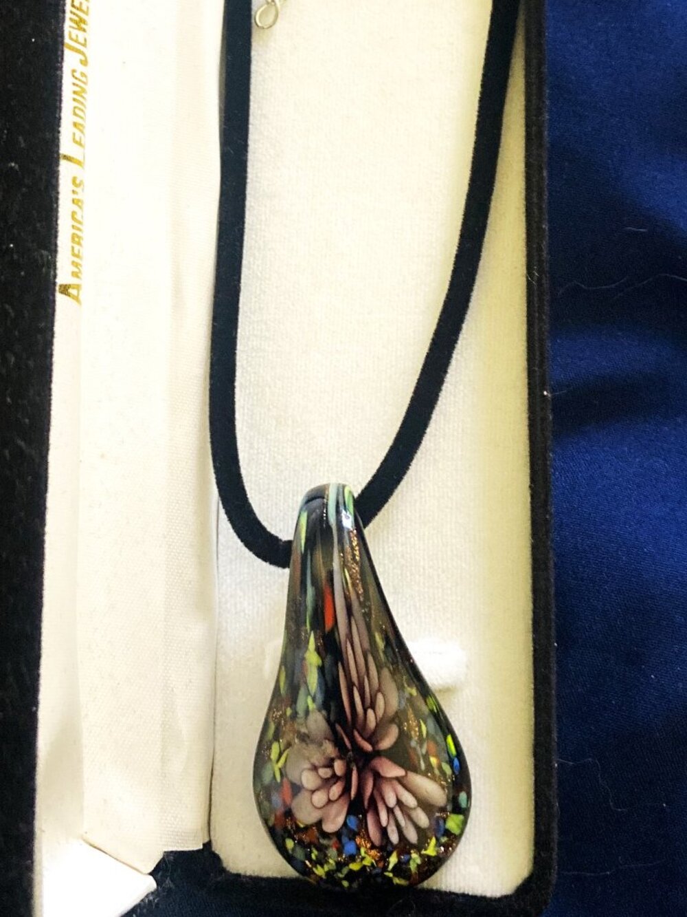 Vintage Art Deco Glass blown Flower Teardrop Pendant on a Black Rope Necklace